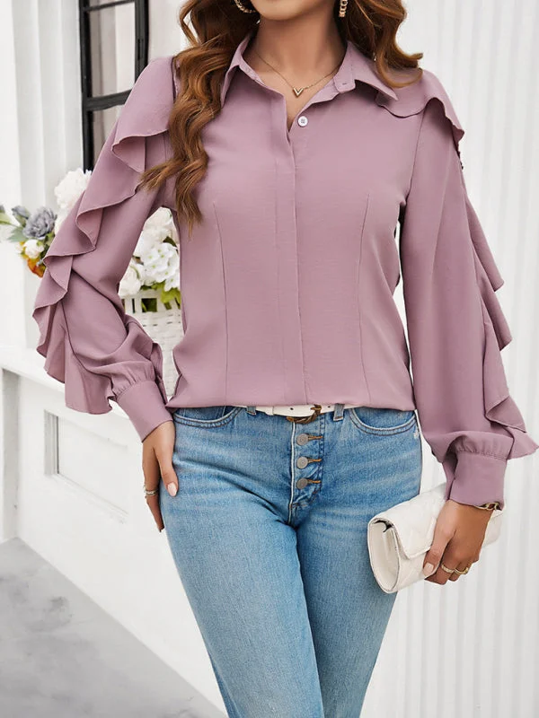 Casual Solid Color Ruffle Sleeve Shirt