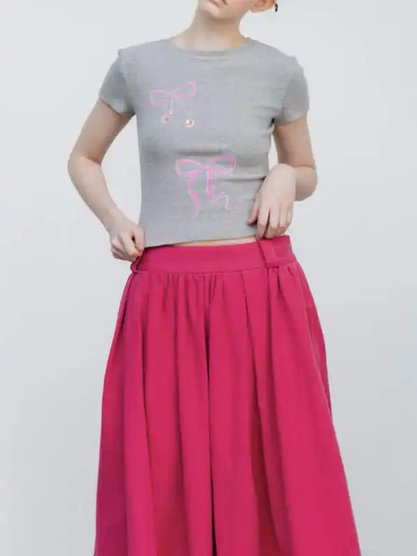 New bow solid color printed navel-baring short-sleeved T-shirt