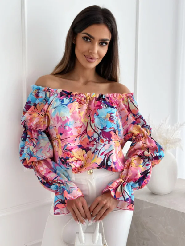 Women's one-shoulder printed lantern sleeve shirt top