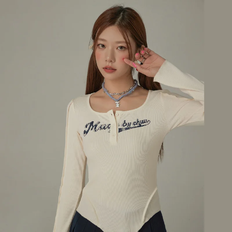 Unbalanced Logo Button Long Sleeve Slim T-Shirt