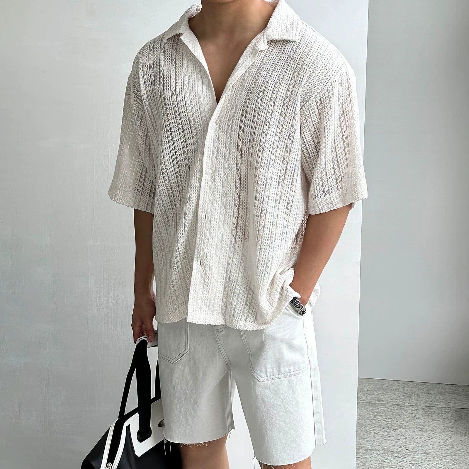 RT No. 11302 CREAM WHITE HALLOW KNIT SHORT SLEEVE